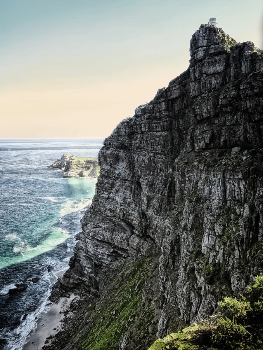 Layered cliffs and Atlantic coastline at Cape Point, South Africa